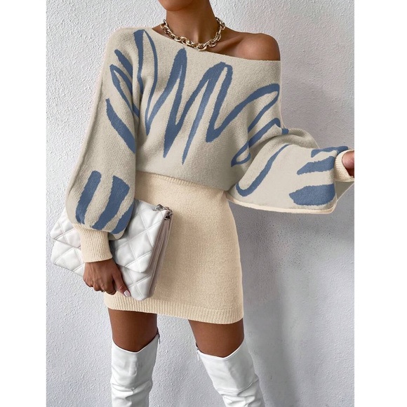 Rouge! Dresses & Skirts - Dirty Beige Knit Long Batwing Sleeve Dress Abstract Print